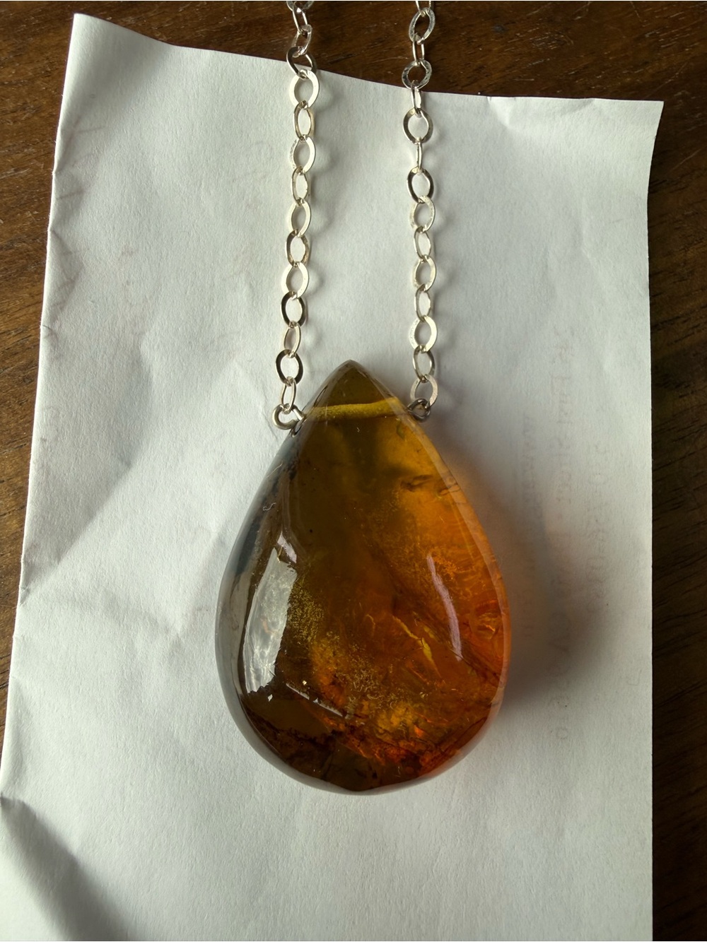 Amber Teardrop Pendant Necklace - Silver Chain